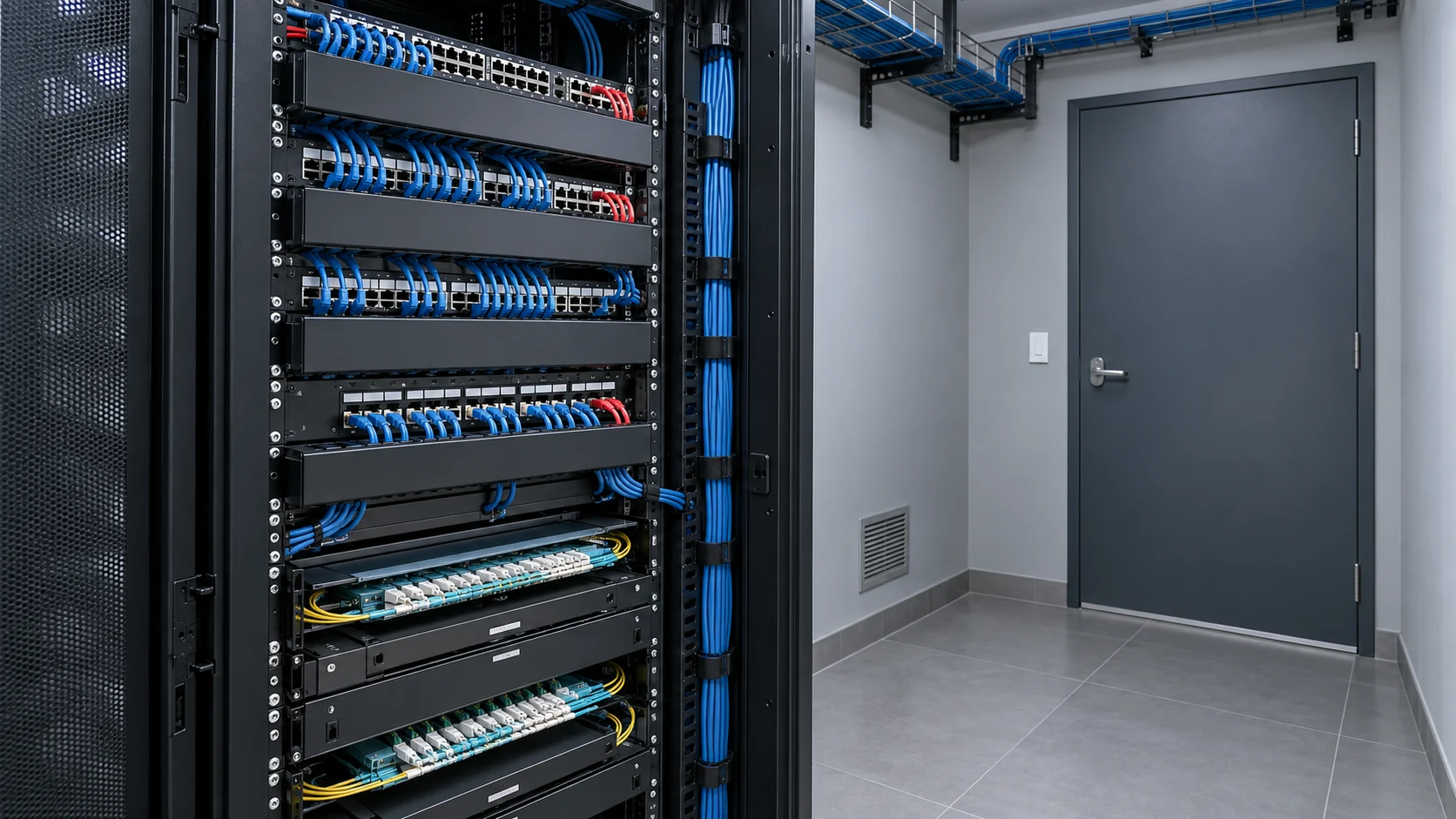 Sala de telecomunicaciones con cableado organizado; imagen ilustrativa generada con IA